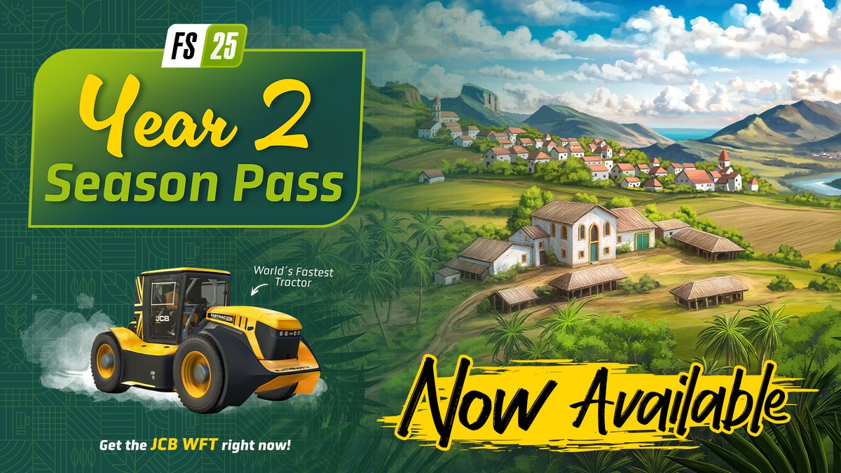 The FS25 Year 2 Season Pass is here! 🎉
Get an instant bonus: the JCB WFT, the world’s fastest tractor. Unlock it now, save on new packs and a major expansion, and start your new season! 🚜

Check the trailer &amp; blog for more info 👇
🎥 youtu.be/XtJogFf4DoQ
🔗