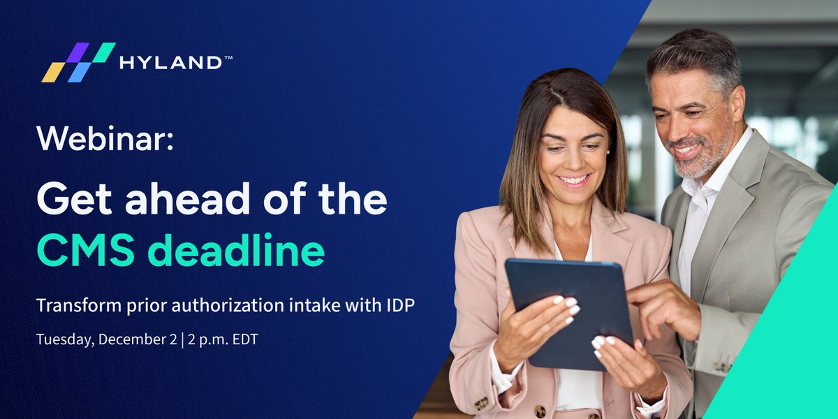 Hyland's tweet image. 🚀 Webinar: Beat the CMS 2026 Deadline! Transform Prior Authorization with AI. 📅 Dec 2 | 2 p.m. ET Join @Hyland &amp;amp; register: bit.ly/48iYhzc 
#HealthcareInnovation #PriorAuthorization #CMSCompliance #AIinHealthcare #PayerTech #Webinar