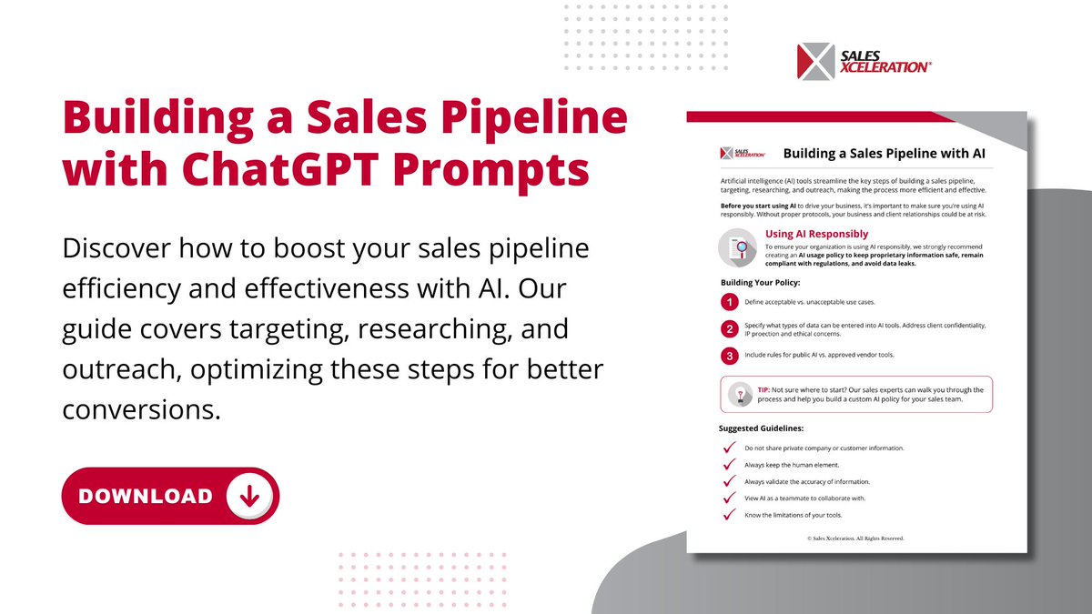 SalesXcel's tweet image. AI tools streamline the key steps of building a sales pipeline, targeting, researching, and outreach, making the process more efficient and effective. Download our guide to discover how to boost your sales pipeline efficiency with AI: hubs.la/Q03T307H0

#SalesPipeline #AI