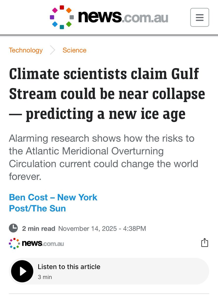 rahmstorf's tweet image. Hey Murdoch fake-news media! The study you report on here
1. Predicts nothing but is about the past.
2. Is not about Gulf Stream but #AMOC.
3. An AMOC collapse wouldn’t cause an Ice Age.
Incompetence or intent?
The study by Ren shows AMOC has weakened: nature.com/articles/s4324…