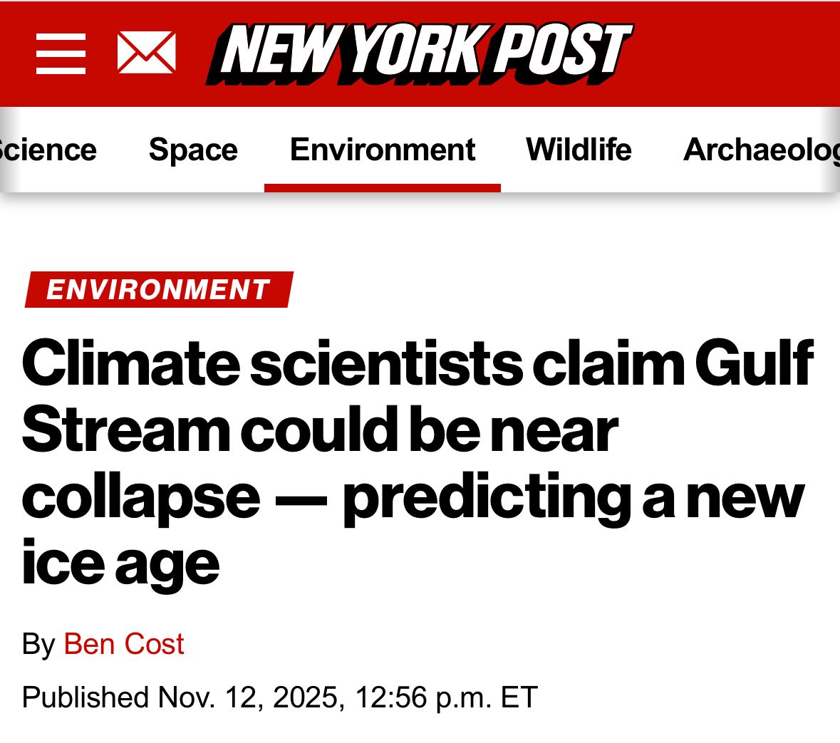 rahmstorf's tweet image. Hey Murdoch fake-news media! The study you report on here
1. Predicts nothing but is about the past.
2. Is not about Gulf Stream but #AMOC.
3. An AMOC collapse wouldn’t cause an Ice Age.
Incompetence or intent?
The study by Ren shows AMOC has weakened: nature.com/articles/s4324…