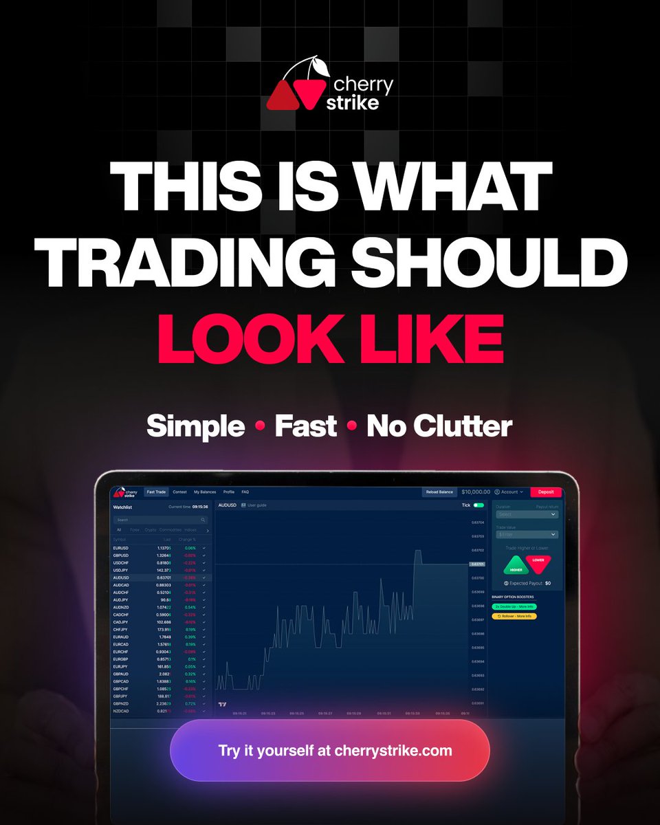 No tabs. No clutter.
Just clean calls, fast feedback, and one simple decision.

Cherry Strike is built for speed and clarity.
What trading should’ve felt like all along.

See it in action --> cherrystrike.com 
#CleanUI #TradingClarity #SimpleScreens