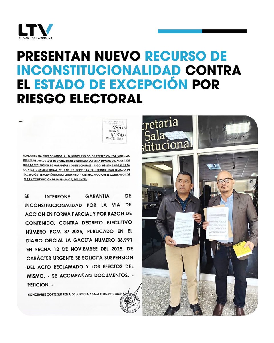LTV_Honduras's tweet image. ⚠️ Abogados Fernando González y Andrés Martínez presentaron un Recurso de Inconstitucionalidad contra el estado de excepción, alertando que la medida podría afectar la participación y transparencia de las elecciones del 30 de noviembre.

#ltvhn #estadoexcepcion #eleccioneshn