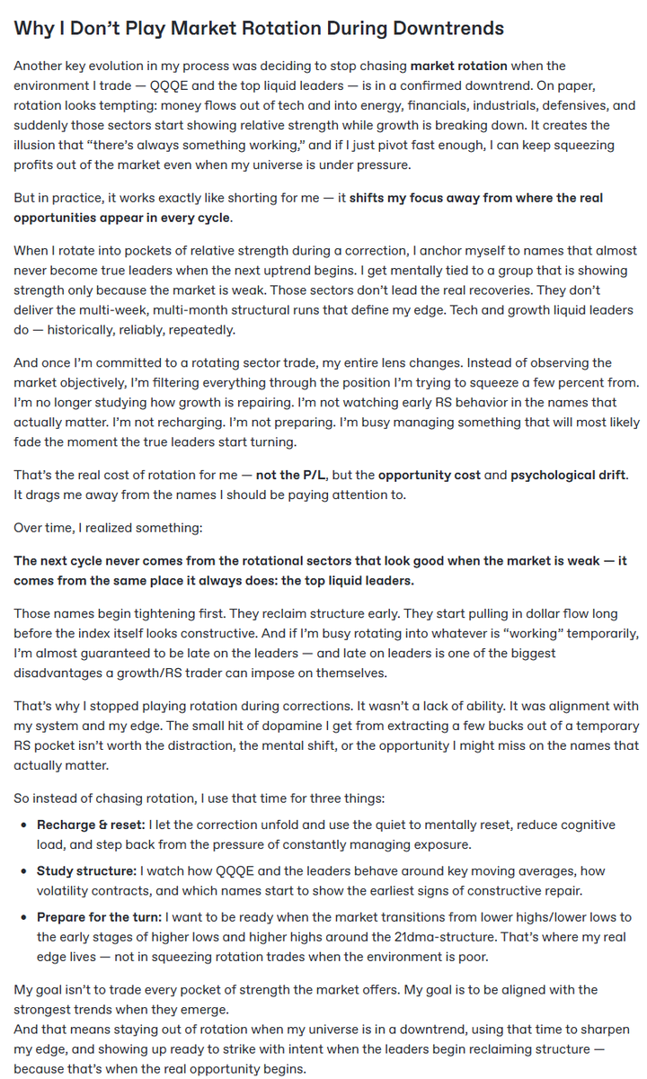 PrimeTrading_'s tweet image. Why I Don’t Play Market Rotation During Downtrends

Another key evolution in my process was deciding to stop chasing market rotation when the environment I trade — QQQE and the top liquid leaders — is in a confirmed downtrend. On paper, rotation looks tempting: money flows out of…