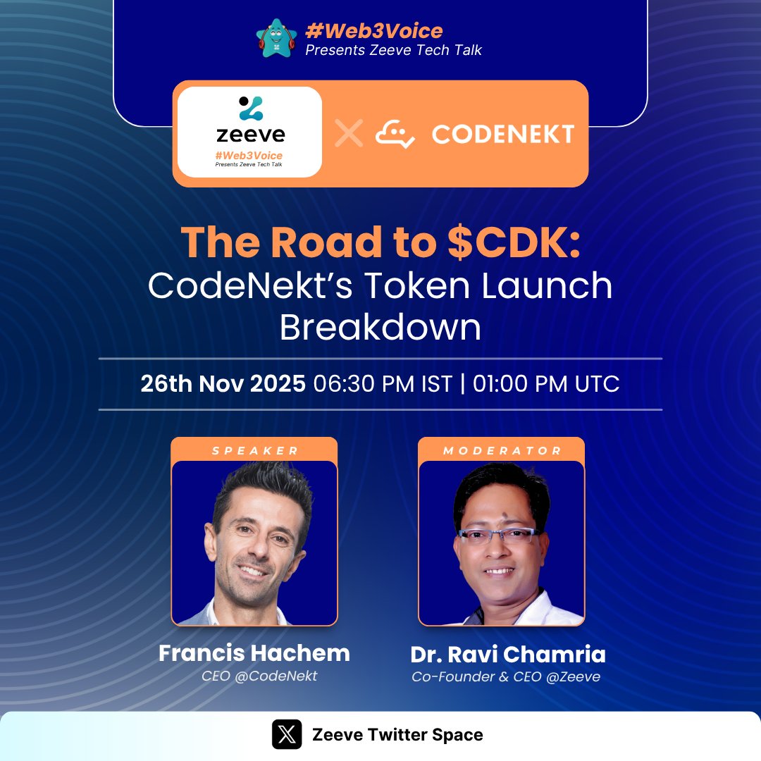 0xZeeve's tweet image. 🚀 #Web3Voice is back with another power-packed Zeeve Tech Talk!

Join us for “The Road to $CDK: @CodeNekt_Eco Token Launch Breakdown” - a deep dive into CodeNekt’s upcoming token launch, strategy, and ecosystem vision.

JOIN here: x.com/i/spaces/1yNGa…

🎙 Speaker:…