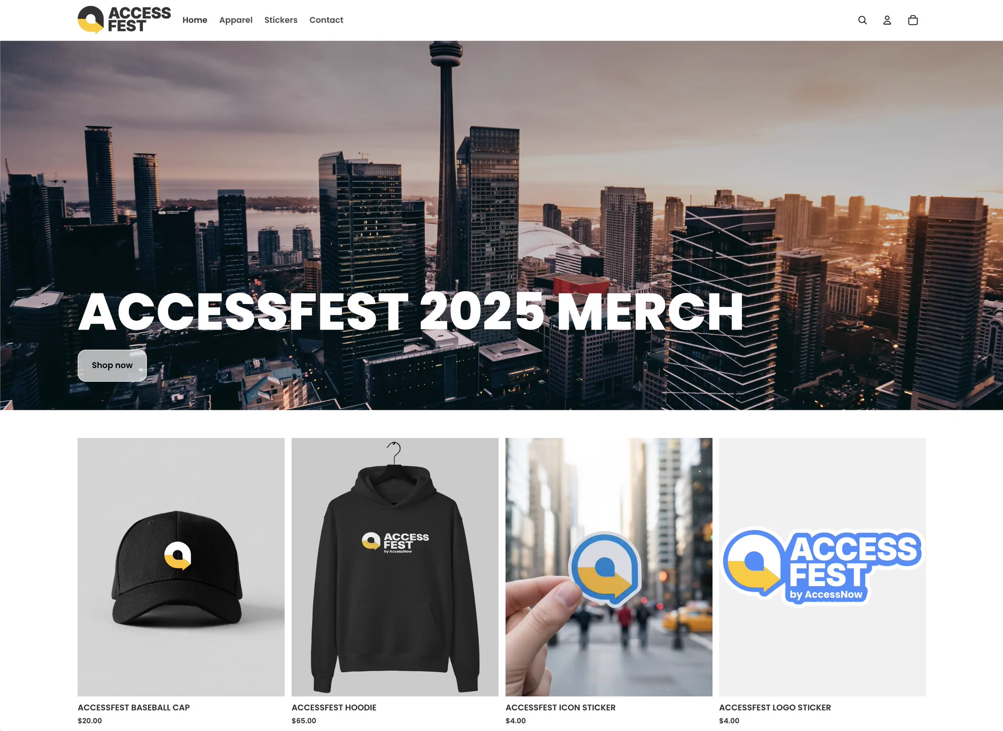 Screenshot of the AccessFest Merch Shop homepage