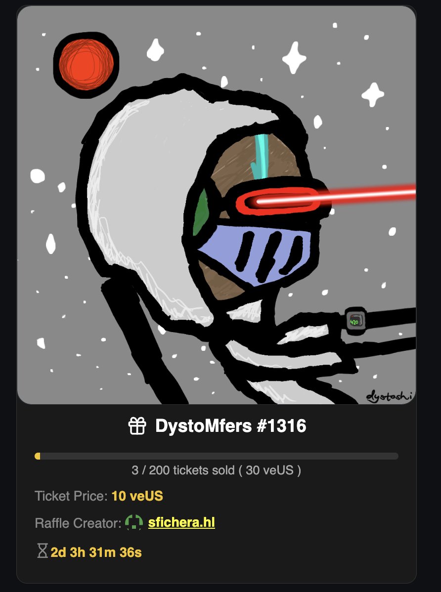 Some mfers are finally using their $veUS to get cheap tickets on this one!!

3/200 sold... I'll be drawing a winner no matter how many tickets sold... 2 more day left!

  🏆 Prize: DystoMfers #1316
  🎟️ 200 tickets available - 3 sold so far!
  💰 Ticket price: 10 veUS
  👤