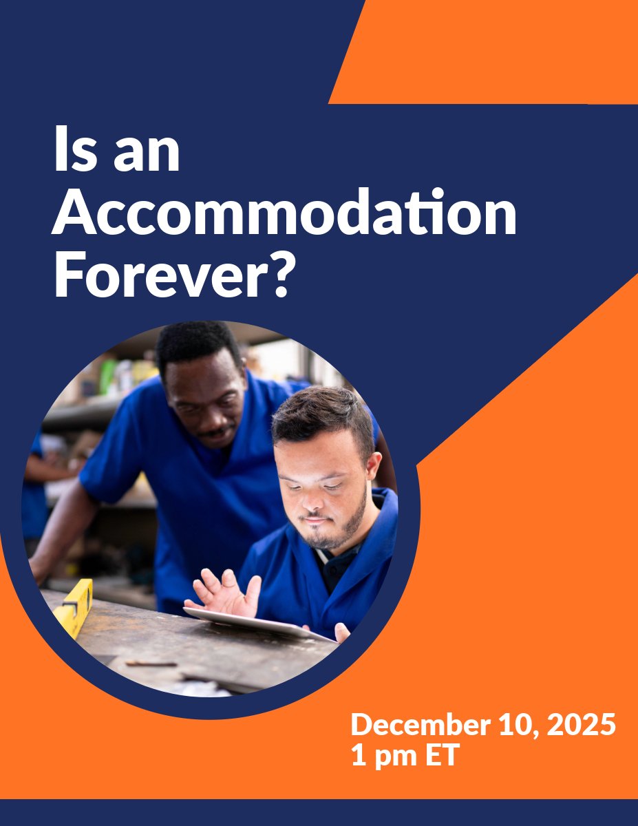 NortheastADA's tweet image. Is an Accommodation Forever?
 Join us for this webinar designed for employment service professionals, where we’ll cover best practices for evaluating and adjusting workplace accommodations for supported employees.
#Accommodations
Register Today: lnkd.in/eifQR5s6