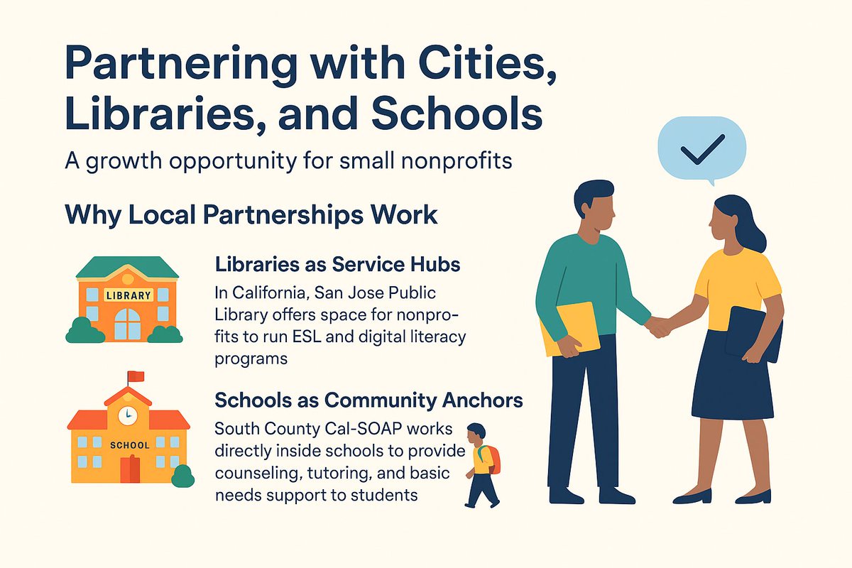 classconsulting's tweet image. Many small nonprofits struggle with space, stability, and funding but often overlook the most powerful solution right in their backyard: partnering with cities, libraries, and schools.

📚 @sanjoselibrary  
🏫 @sc_calsoap  
theclassconsultinggroup.org/post/how-can-s…