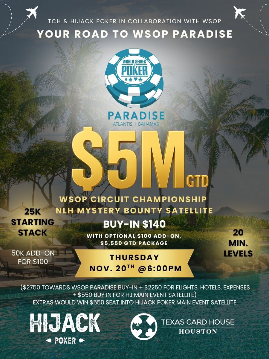 texascardhouse's tweet image. 🌴📷 YOUR ROAD TO @WSOP PARADISE STARTS HERE! 

TCH &amp;amp; HiJack Poker, in collaboration with WSOP, are giving you a shot at heading to Atlantis, Bahamas for the WSOP Circuit Championship Package up for grabs! Bio for deets!🌴