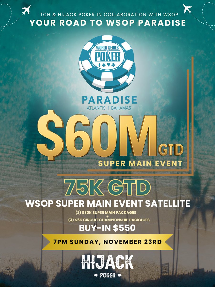 texascardhouse's tweet image. 🌴📷 YOUR ROAD TO @WSOP PARADISE STARTS HERE! 

TCH &amp;amp; HiJack Poker, in collaboration with WSOP, are giving you a shot at heading to Atlantis, Bahamas for the WSOP Circuit Championship Package up for grabs! Bio for deets!🌴