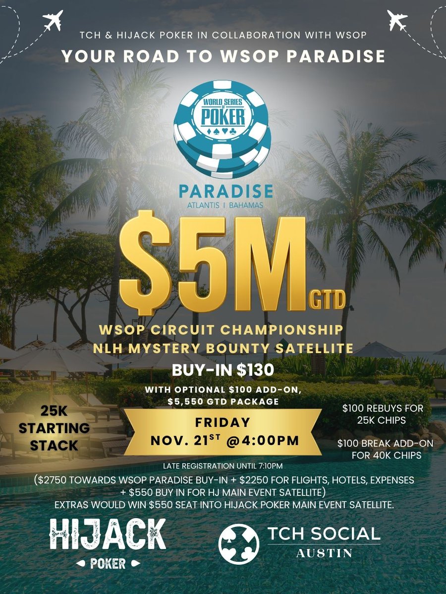 texascardhouse's tweet image. 🌴📷 YOUR ROAD TO @WSOP PARADISE STARTS HERE! 

TCH &amp;amp; HiJack Poker, in collaboration with WSOP, are giving you a shot at heading to Atlantis, Bahamas for the WSOP Circuit Championship Package up for grabs! Bio for deets!🌴
