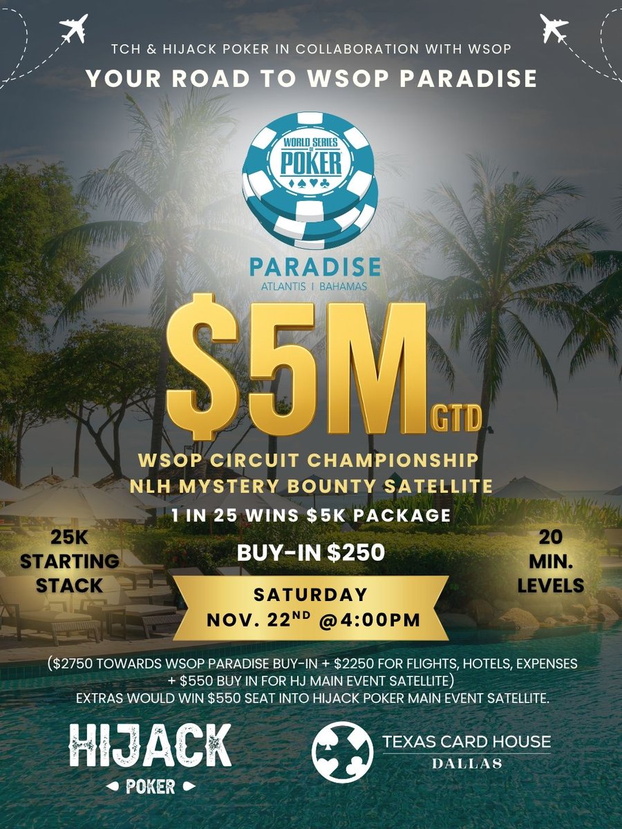 texascardhouse's tweet image. 🌴📷 YOUR ROAD TO @WSOP PARADISE STARTS HERE! 

TCH &amp;amp; HiJack Poker, in collaboration with WSOP, are giving you a shot at heading to Atlantis, Bahamas for the WSOP Circuit Championship Package up for grabs! Bio for deets!🌴