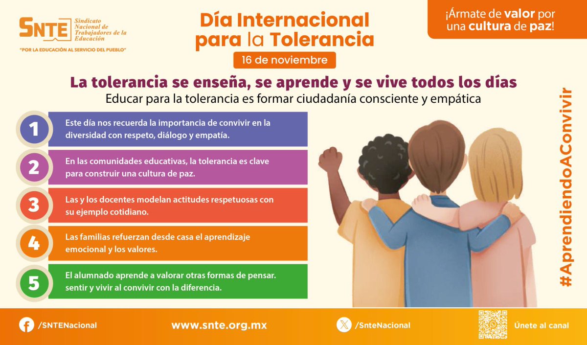 Á𝐫𝐦𝐚𝐭𝐞 𝐝𝐞 𝙫𝐚𝐥𝐨𝐫, 𝐩𝐨𝐫 𝐮𝐧𝐚 𝐜𝐮𝐥𝐭𝐮𝐫𝐚 𝐝𝐞 𝐩𝐚𝐳
🌍 El #16deNoviembre, celebremos el Día Internacional para la Tolerancia en nuestras comunidades educativas y promovamos el respeto, diálogo y empatía.👥
¡Súmate!
👉snte.org.mx/cultura-paz/
#AprendiendoAConvivir
