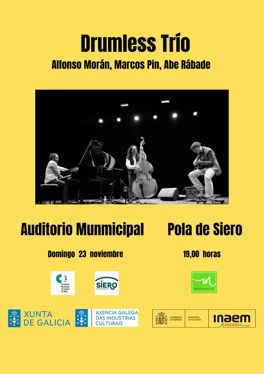 MontravadPro's tweet photo. Concierto de DRUMLESS TRÍO en Auditorio de Pola de Siero. Domingo 23-11-25. 19,00 horas. Entrada libre.
#musicaenvivo #jazz #siero https://t.co/fUZiuzOybl