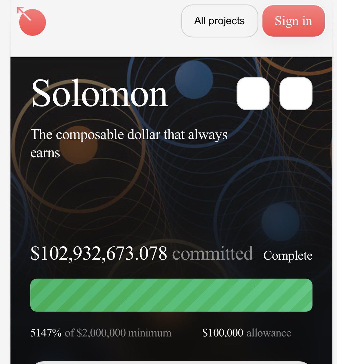 Screenshot of Solomon ICO completion showing $102M committed