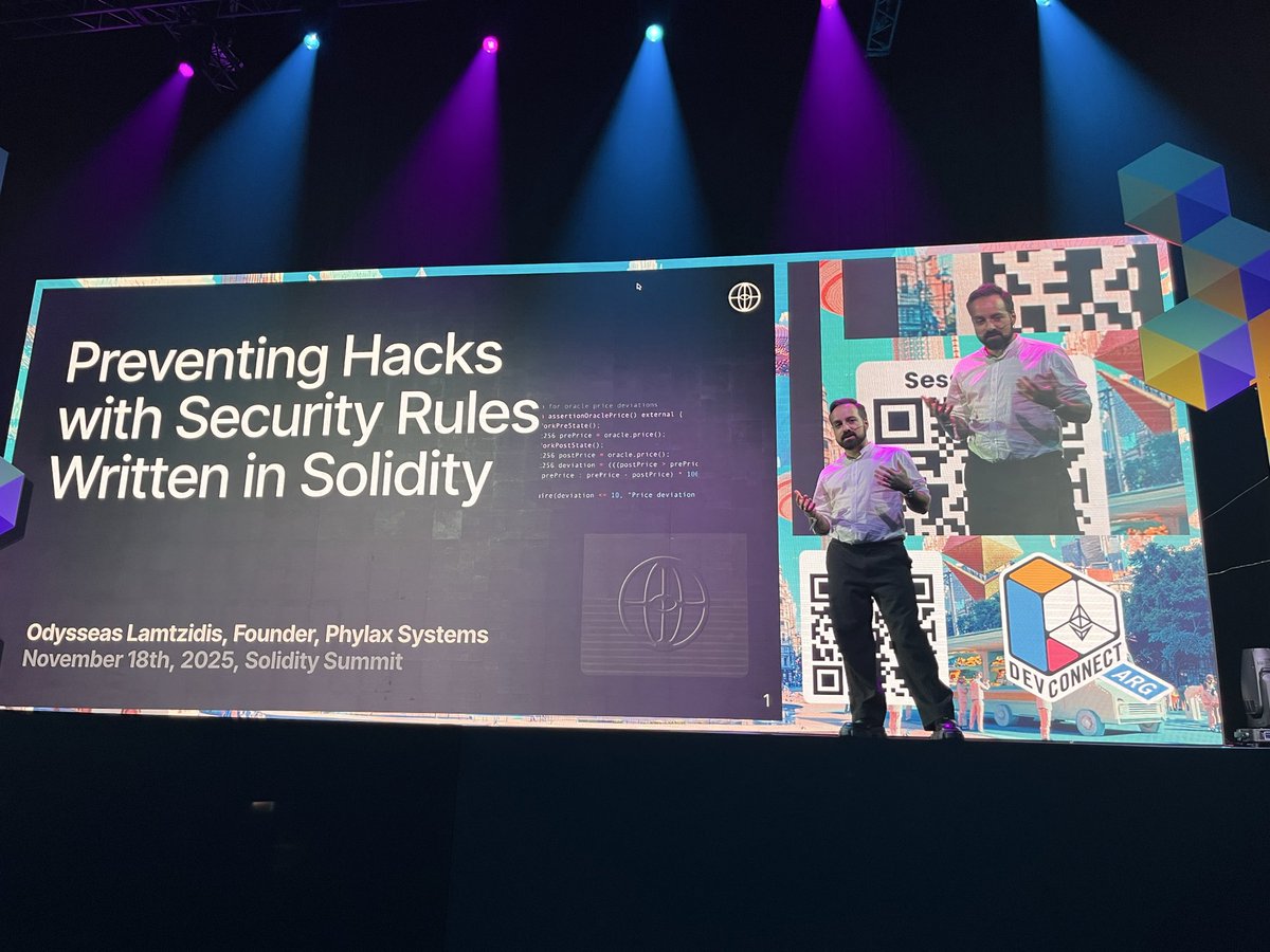 solidity_lang's tweet image. Kicking off the afternoon: @odysseas_eth from @phylaxsystems , explaining how the Phylax Credible Layer enables security rules that prevent hacks from being written in Solidity. He’ll cover how the rules work, how to implement them, and showcase real-world examples!