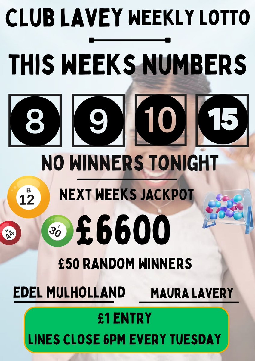 NO WINNER OF TONIGHTS LOTTO NEXT WEEK JACKPOT £6600
Get all the latest news on the Lavey Erins Own GAC app member.clubspot.app/club/erins-own…