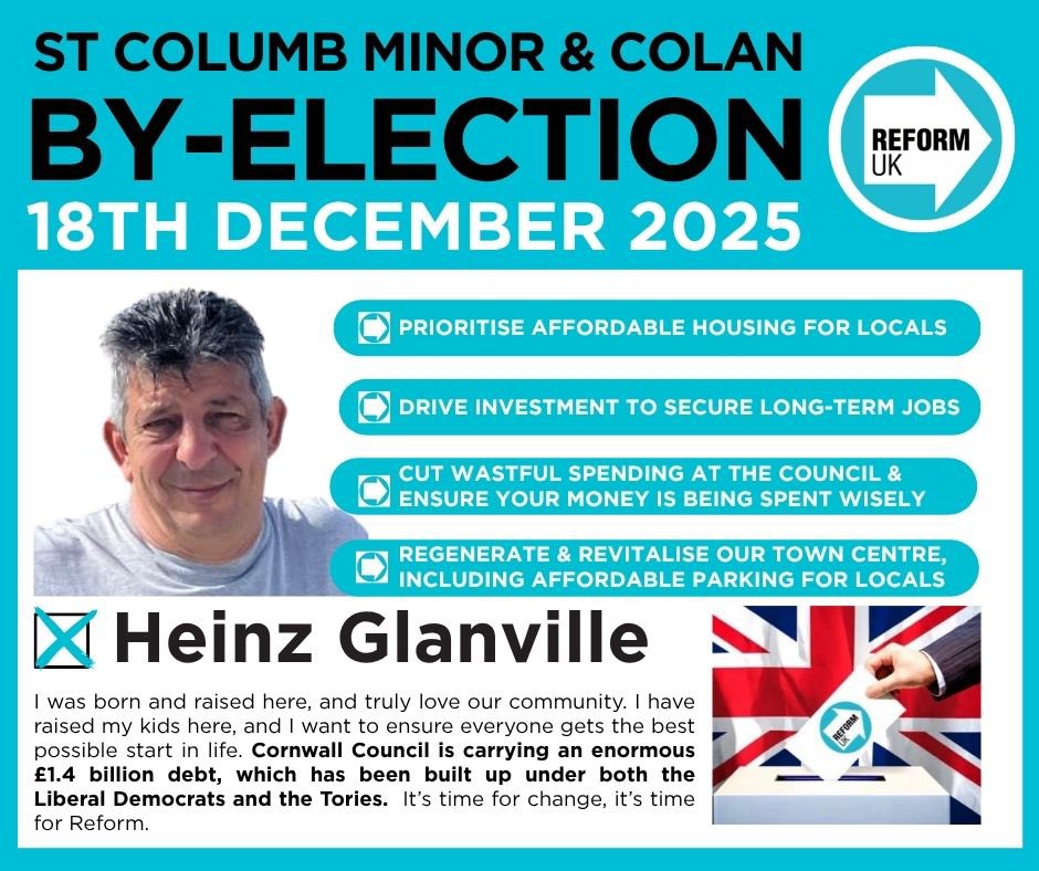 ReformCornwall's tweet photo. Heinz Glanville for St Columb Minor &amp; Colan

#ReformUK #cornwall #stcolumbminor #Byelection #Newquay https://t.co/ZV2UfZjcnZ
