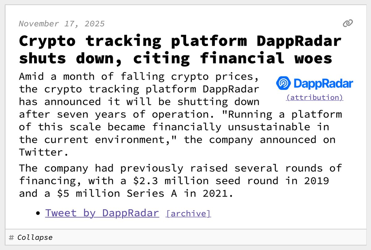 Crypto tracking platform DappRadar shuts down, citing financial woes  November 17, 2025
