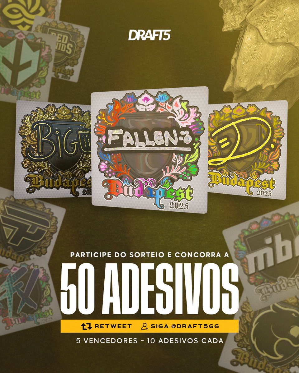 DRAFT5gg's tweet image. 🚨🚨SORTEIO 50 ADESIVOS BUDAPEST MAJOR 

🥇 5 VENCEDORES!
💰 10 adesivos cada 

Para participar basta seguir os passos abaixo
 👇👇👇
🔗 gleam.io/wfcfV/sorteio-…

Até dia 15/12!