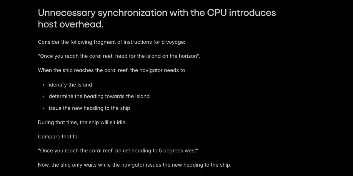 AI 推論におけるホスト オーバーヘッドの主な原因は、CPU との不要な同期であり、これによりボートがナビゲーター上で待機することになります。