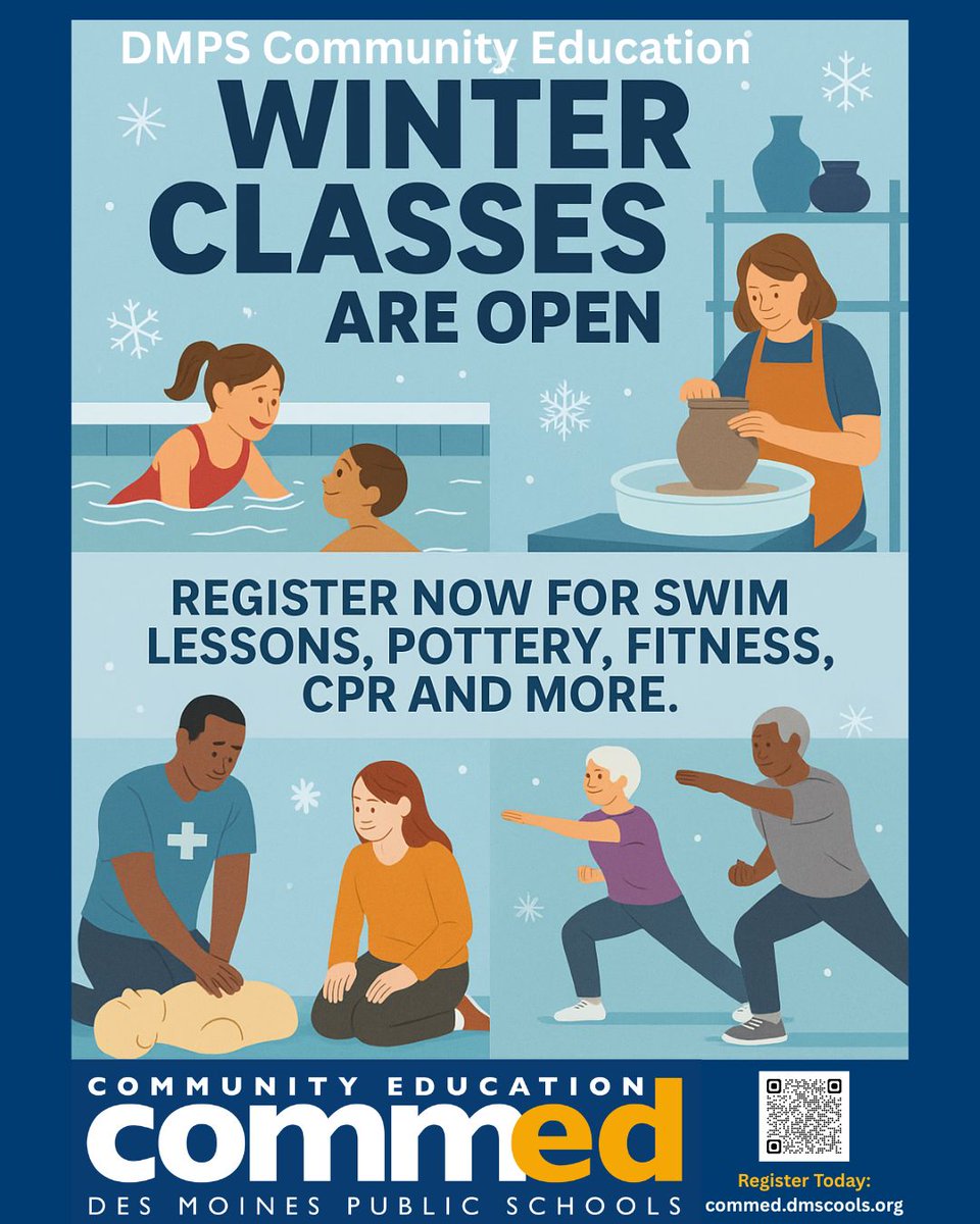 DMPSCommunityEd's tweet image. Las clases de invierno ya están abiertas. Inscríbete hoy en lecciones de natación, cerámica, acondicionamiento físico, RCP y más. La mayoría de las clases comienzan en enero y se llenan rápido.

Regístrate en commed.dmschools.org