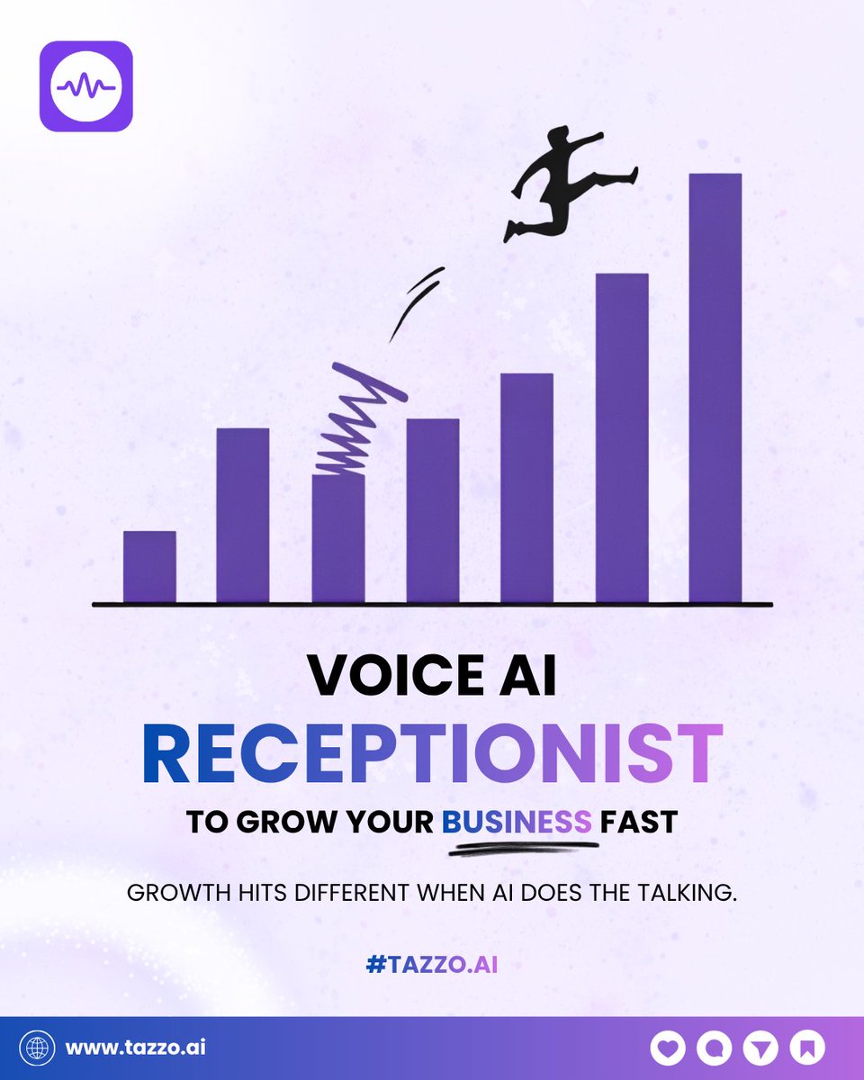 tazzo_ai's tweet image. You started a business to grow, 📈
Not to answer calls all day. 📵

Let AI handle the routine. @tazzo_ai 
You handle the vision. 🎯

➡️Free your time.
➡️Protect your energy.
➡️Focus on the work only you can do.

#LeadershipMindset #SmartOps #BusinessGrowth