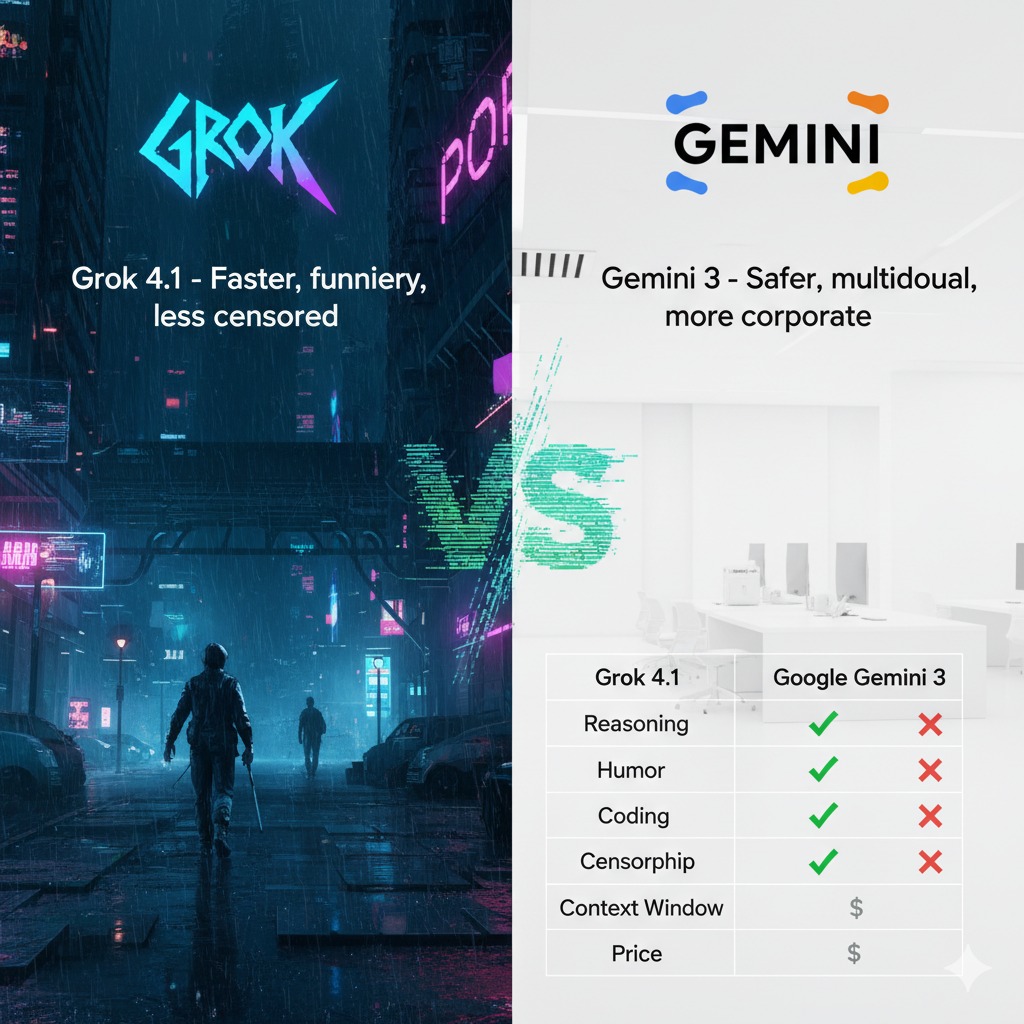 AICodeHitesh's tweet image. Just pitted Grok 4.1 vs Gemini 3 on real coding + savage prompts.

Grok fixed my Laravel bug in 8s and roasted me.  
Gemini said “I can’t assist with that” twice 😂

Grok feels dangerous. In the best way.

Who’s winning 2025 for you?

#Grok4 #Gemini3 #AI
