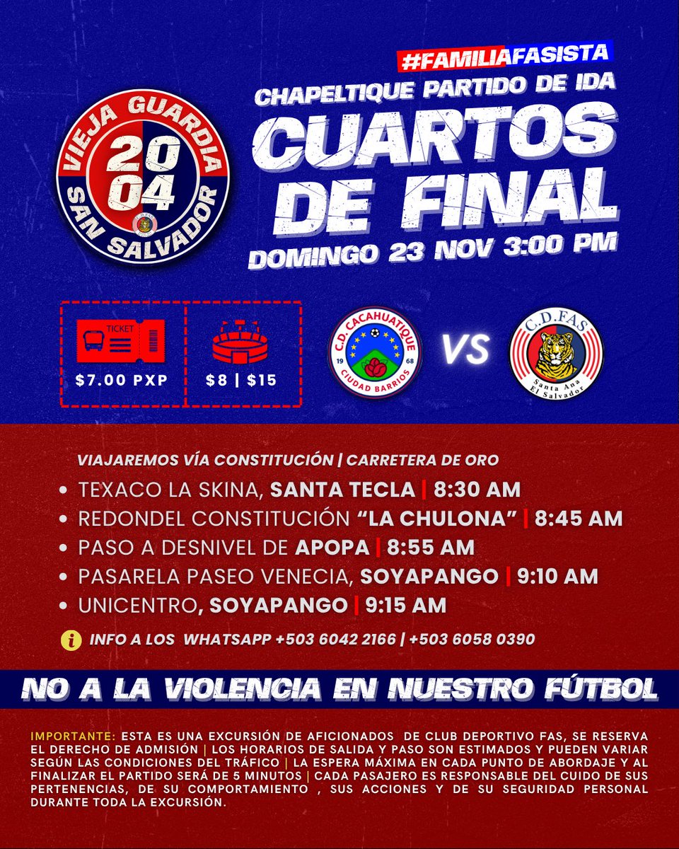 Rumbo a Chapeltique por los cuartos 🚍💥
La excursión ya está lista…

Si sos FASista, ¡este viaje también es tuyo!
Vení con tu grupo, con tu familia, con tus amigos… y metele color a la ida.

¡Todos a Ciudad Barrios! 🔴🔵

#CDFAS #FamiliaFASista #Futbol #Excursión #ParaTi #FAS