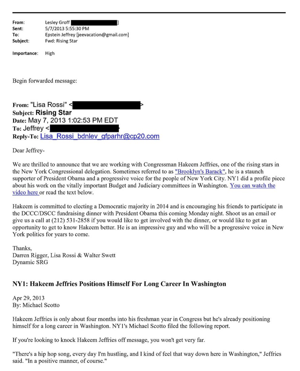 Cjpearson's tweet image. Wait a second:

Hakeem Jeffries&apos; consulting firm emailed Jeffrey Epstein in 2013 inviting him to a fundraiser with Jeffries and Barack Obama??

They ALWAYS accuse President Trump what they are guilty of.