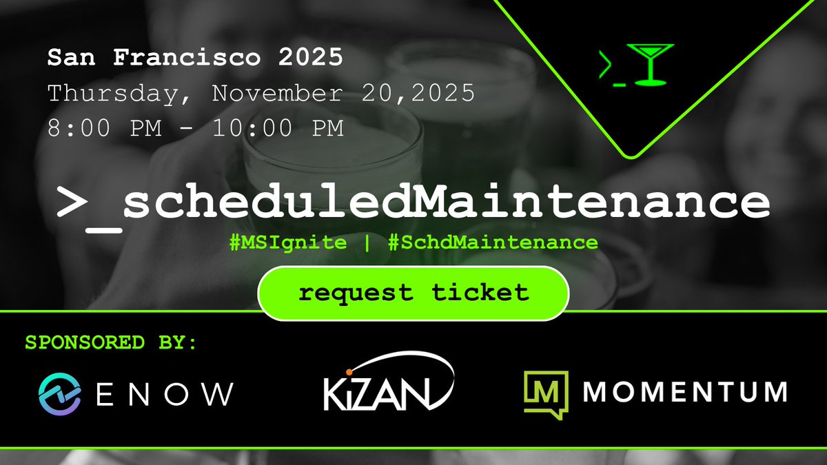 Looking for a ticket to #SchdMaintenance with <a href="/ENowConsulting/">ENow Software</a> <a href="/kizantech/">KiZAN Technologies</a> and <a href="/MomentumTelecom/">Momentum</a> at #msignite? Don't forget to officially request your ticket for consideration! schedulemymaintenance.com