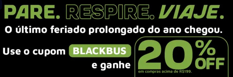 Vai viajar nesse feriado? 

Use BLACKBUS e ganhe 20% de desconto em viagens acima de R$199.

Aproveite para viajar pagando mais barato!

#desconto #blackfriday #viagem #promocao #passagembarata
