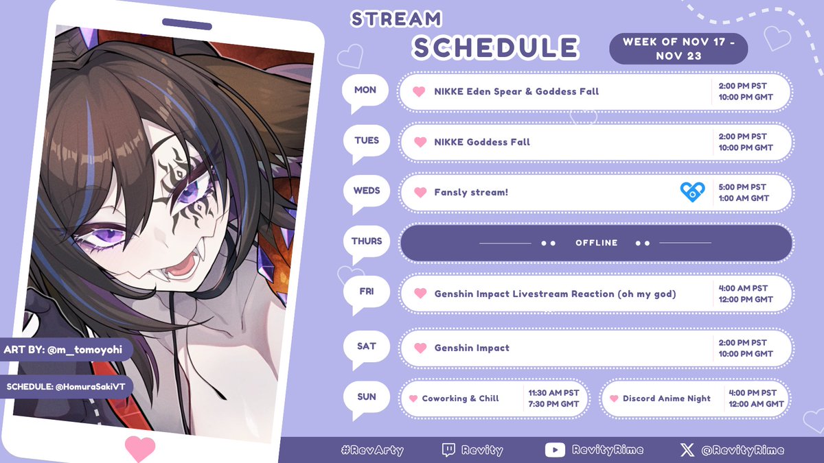 💎WEEKLY SCHEDULE🦌

I've recovered from my cold and I'm ready to get back to my usual shenanigans! We've got another very busy week on our hands (don't look at the Friday time)