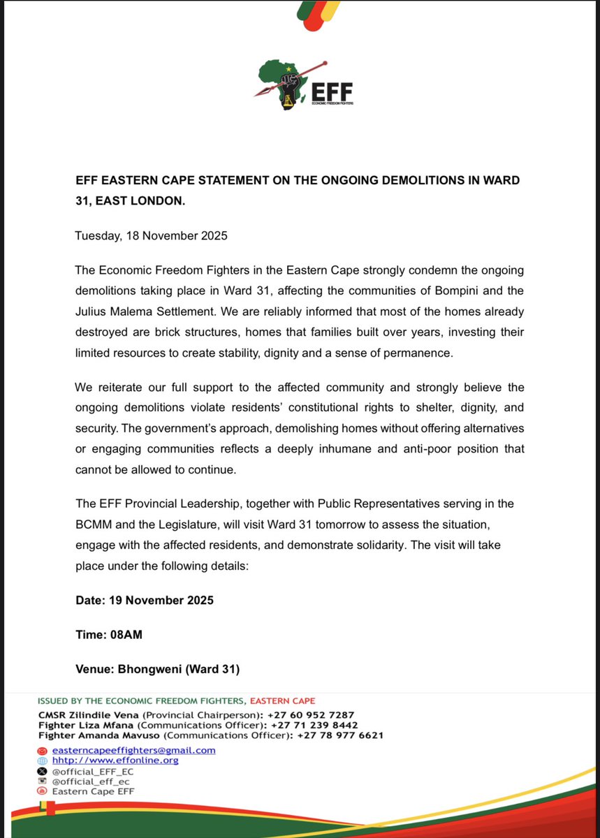 [MEDIA NOTICE]🚨

EFF EASTERN CAPE STATEMENT ON THE ONGOING DEMOLITIONS IN WARD  31, EAST LONDON. 

- The EFF Provincial Leadership, together with Public Representatives serving in the BCMM and the Legislature, will visit Ward 31 tomorrow to assess the situation, engage with the