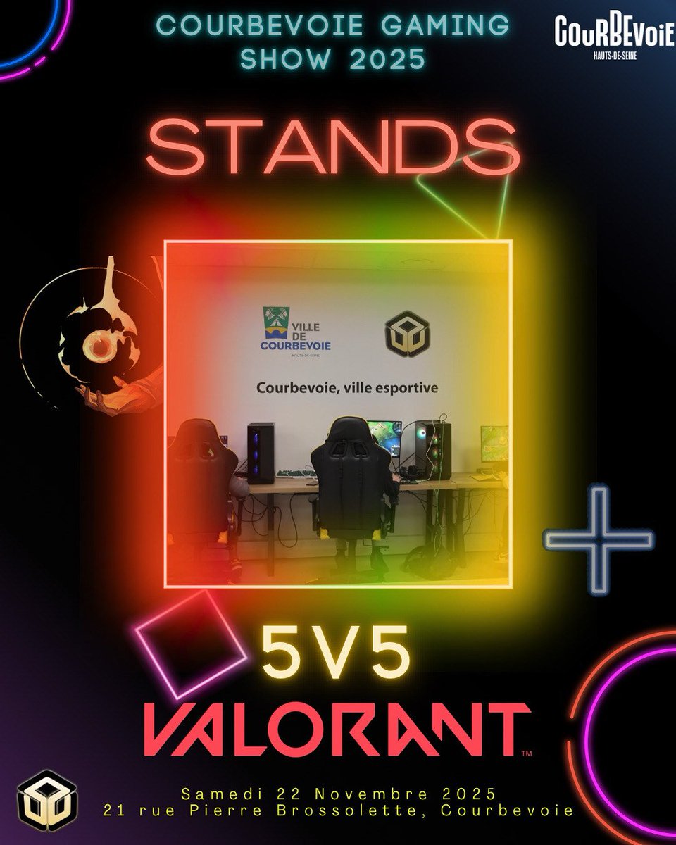 💥🔫Prêt à entrer dans l’arène ?
Le stand affrontement 5 contre 5 Valorant t’attend au #CGS25 !

Forme ton équipe et vient défier les meilleurs challengers dans notre salle Esport le 22 Novembre 2025 !