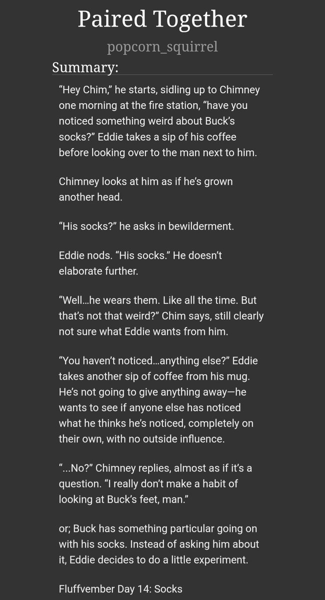 beat_the_bees's tweet image. 🧦 paired together 🧦

- rated g
- 5.6k, oneshot
- fluffvember day 14: socks
- buck does something weird with his socks, so eddie decides to investigate 
- ft. many socks, eddie taking a nonsensical experiment way too seriously, and chim being over it

🔗 archiveofourown.org/works/74406291