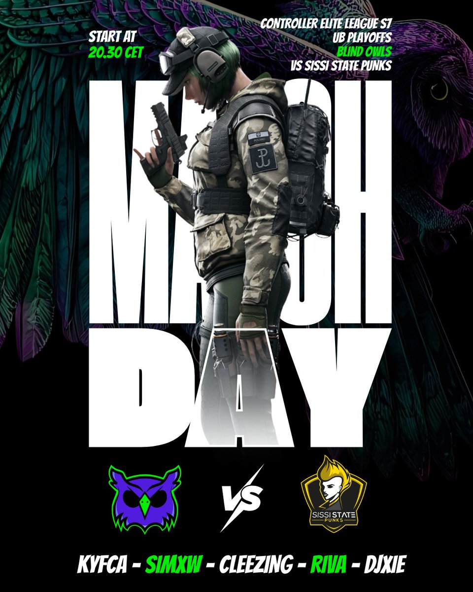 BlindOwlsGG's tweet image. Now things get more serious, the playoffs are starting, and after some questionable performances, we need to prove that we deserve to be here 💜

The Best of 3 vs @SissiStatePunks start at 20.30 CET ⌛️

🦉 @CLEEEZING
🦉 @Kyfcah
🦉 @DjxieOWL
🦉 @ySimx100
🦉 @Riva999_