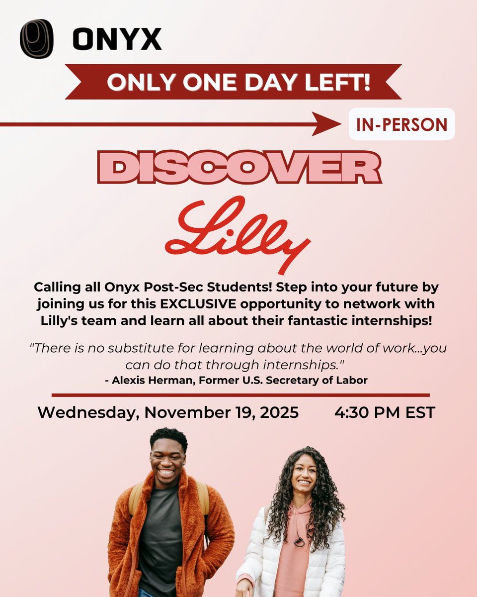 It’s #WhatsUpWednesday, Scholars! In 2 weeks, we’re joining forces with Eli Lilly Canada for an in-person event to explore internship opportunities for Sept 2026. Join us Nov 19, 4:30 PM EST to learn &amp; connect with the Lilly team. Register TODAY via the Onyx Event Hub! #career