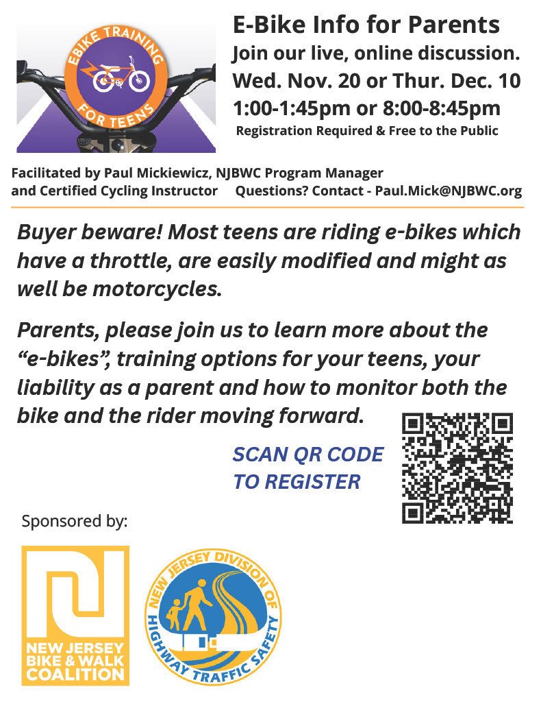 Message from the Camden County Prosecutor’s Office

Please see the attached flyer regarding the upcoming E-Bike Virtual Information Sessions.
Please note that the first session will be held this Thursday, November 20, 2025.