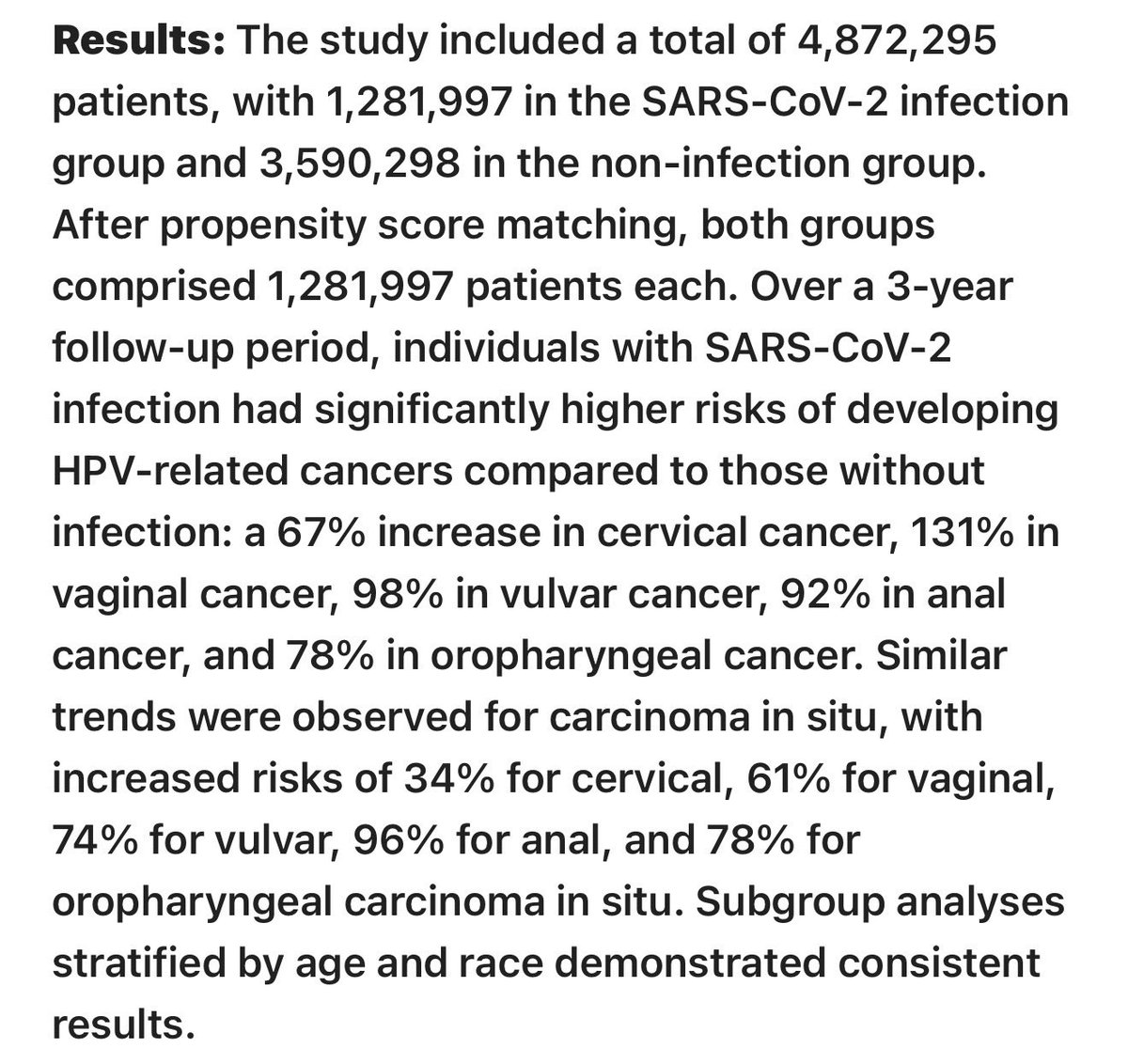 4,9 Millionen Patienten in dieser Studie - Nach COVID im Vergleich zu ohne COVID:

Zervixkarzinom + 67 %
Vaginalkarzinom + 131 %
Vulvakarzinom + 98 %
Analkarzinom + 92 %
Oropharynxkarzinom + 78 %

Infektion in 2020, 
3 Jahre Nachbeobachtung. 

pubmed.ncbi.nlm.nih.gov/40813533/