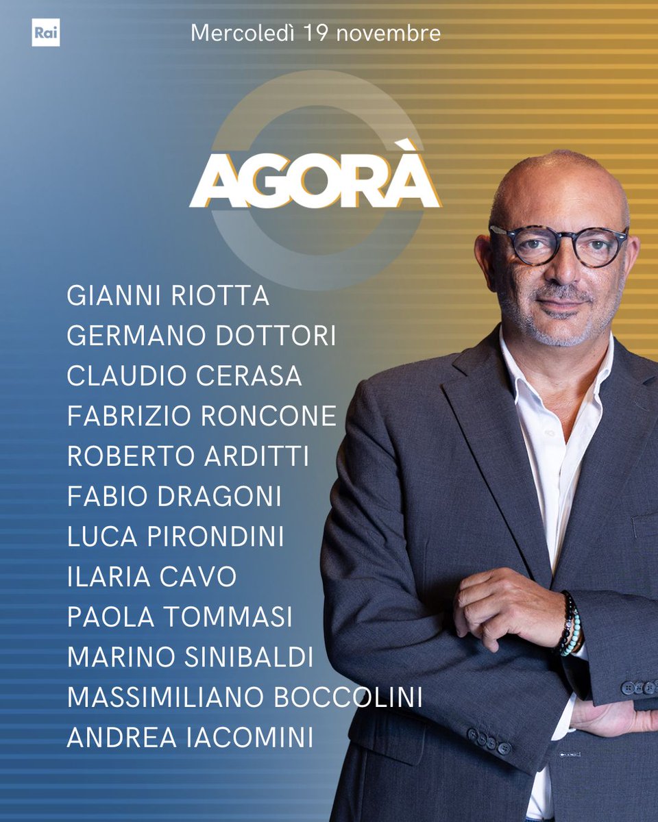 agorarai's tweet image. Ecco gli ospiti di Roberto Inciocchi di mercoledì 19 novembre ad #AgoraRai.
Vi aspettiamo dalle 8.00 su #Rai3 e #RaiPlay.