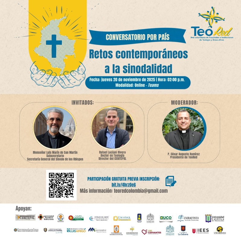 Cebitepal_Celam's tweet image. #Conversatorio: Retos contemporáneos a la sinodalidad
¡No se pierda este importante conversatorio donde profundizaremos en los desafíos actuales de la sinodalidad en la Iglesia!

🗓️  20 de noviembre 
⏰ Hora: 02:00 p.m. (Hora Colombia) 
👉 Inscripciones: bit.ly/4pg6dqD