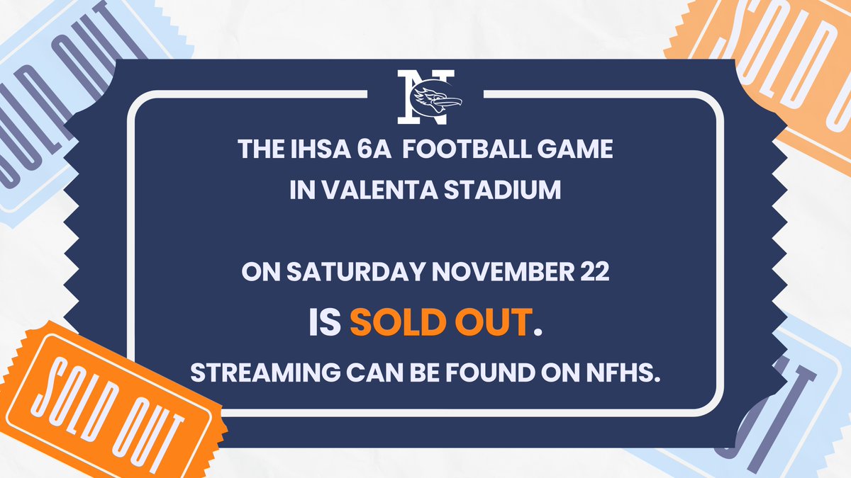 NazarethLGP's tweet photo. The IHSA 6A Football Game in Valenta Stadium on Sat, Novr 22 is SOLD OUT. No cash sales at the gate. We encourage fans w/o tickets to watch via NFHS. https://t.co/swsQTIXM1K 
#GONAZ
Beware of any scammers claiming to represent the IHSA offering a free stream. https://t.co/JglYdDnIja