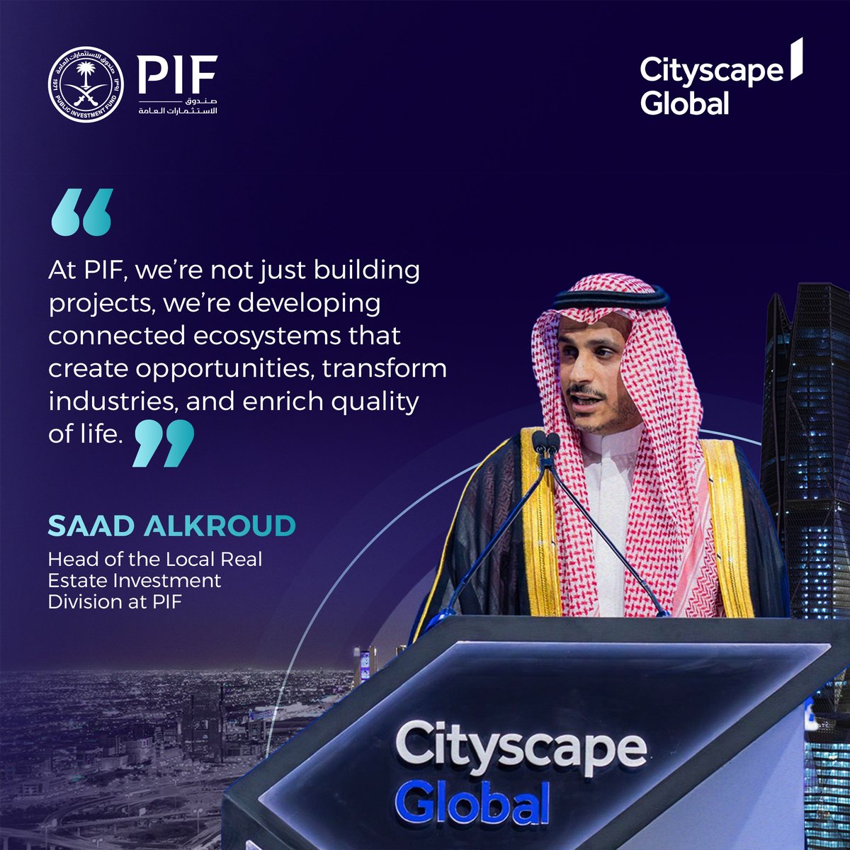 PIF_en's tweet image. Saad Alkroud, Head of the Local Real Estate Investment Division at PIF, delivered a keynote address at Cityscape Global 2025 in Riyadh. He outlined how PIF is creating unprecedented opportunities for private sector players to co-invest in Saudi Arabia’s transformation and shape…