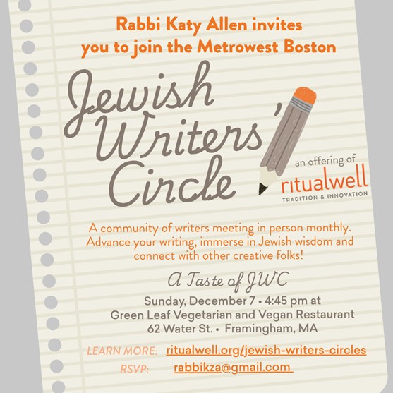 Know someone in Metrowest who loves to write? ✍️

Jewish Writers’ Circles (via <a href="/Ritualwell/">Ritualwell</a> ) are forming locally—peer-led groups exploring Jewish wisdom, creativity, and community.

“Taste of JWC”: Sun, Dec 7 | 4:45 PM | Framingham
Info: ritualwell.org/jewish-writers…