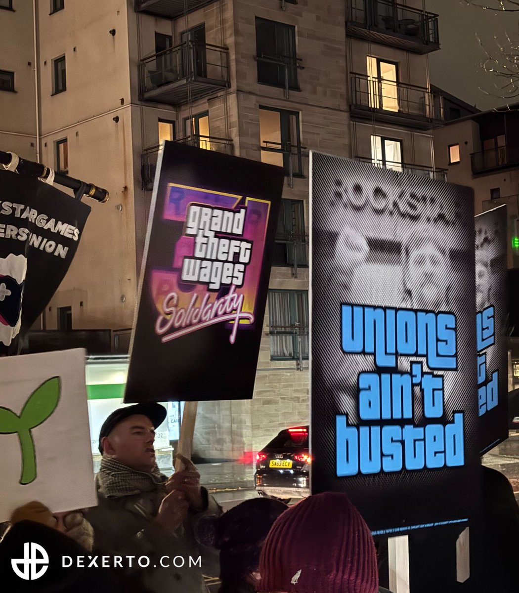 Protesters held up “Grand Theft Wages” signs outside Rockstar North’s building

The fired GTA 6 developers were protesting alleged union busting