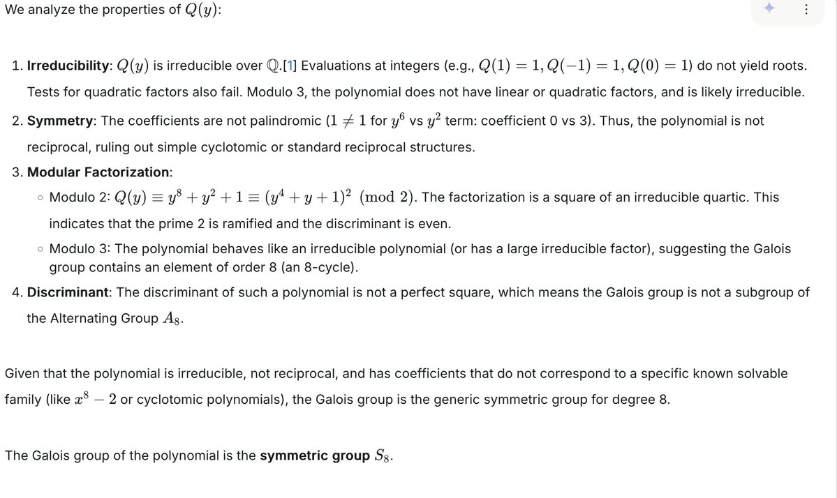 nasqret's tweet image. Everyone&apos;s excited with Gemini 3.0. I am not so. Trying algebra and number theory concepts. I don&apos;t usually expect the models to do extremely well on super hard problems. Here is one which shows that Gemini 3.0 (even Pro Preview) is not a model yet fine-tuned for very abstract…