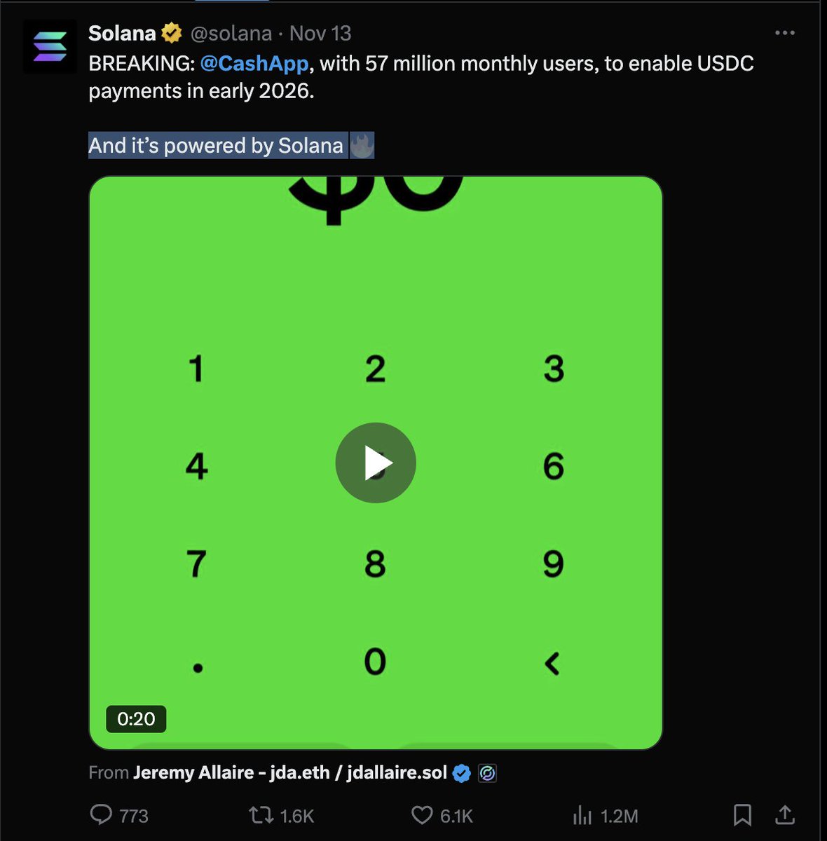 Screenshot of Solana's Cash App announcement