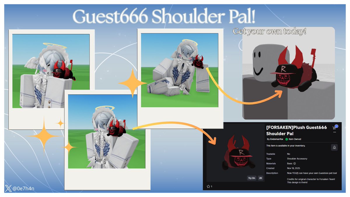 0e7h4n's tweet image. I made a Guest666 shoulder pal for everyone to wear! 
You can get your own for just 50 robux!
roblox.com/catalog/117517…
❤️❤️❤️
#forsakenroblox #robloxugc